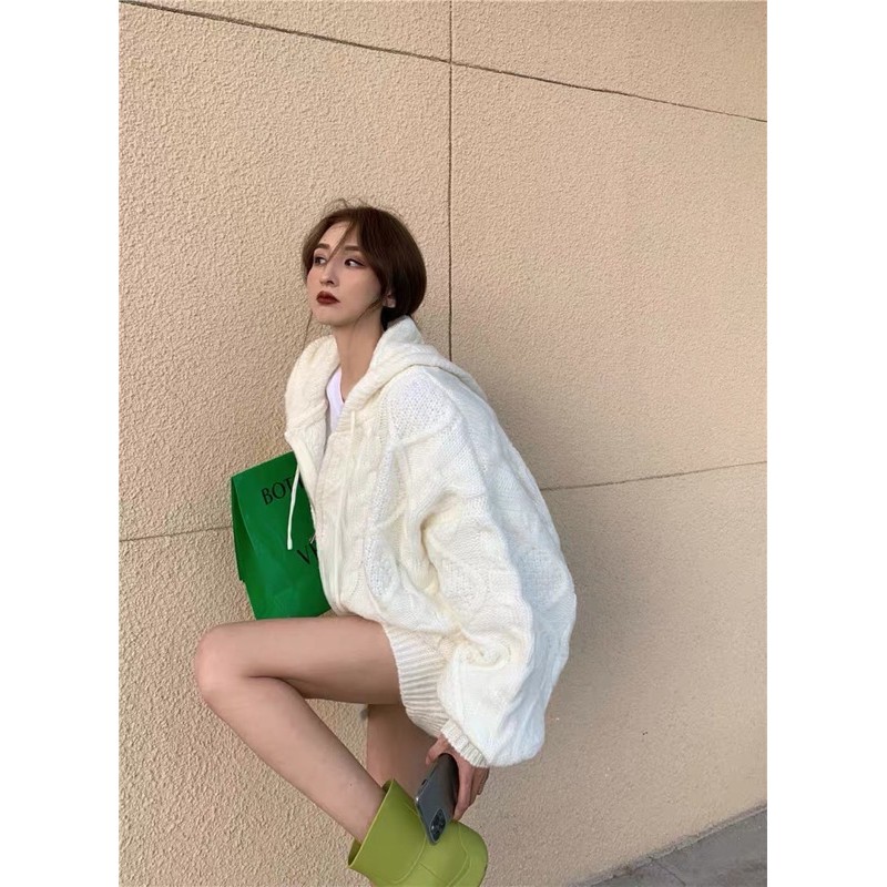 Áo khoác len có mũ kéo khoá oversize