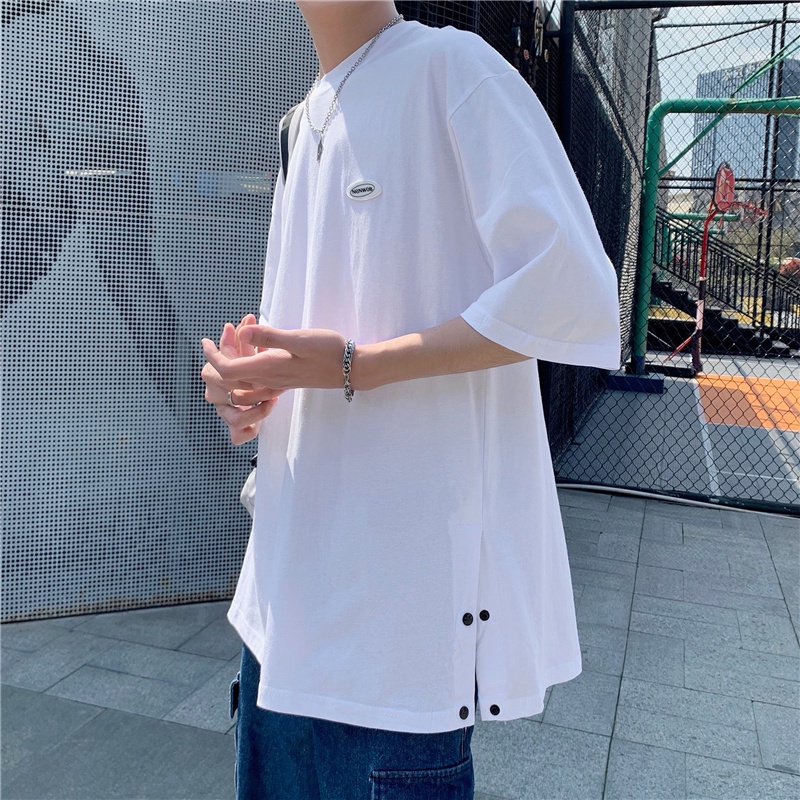 Áo Thun Tay Ngắn Dáng Rộng Màu Sắc Đơn Giản Thiết Kế Xẻ Tà Phong Cách Hàn Quốc Cho Nam