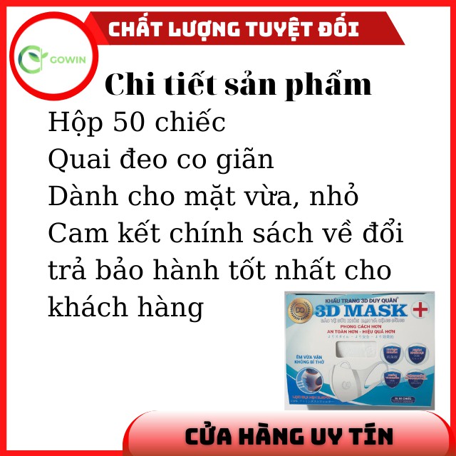 [Sale 3 ngày]]Khẩu Trang 3D Mask  Duy Quân Xuân Lai Công Nghệ Nhật Bản Hộp 50 Chiếc màu trắng