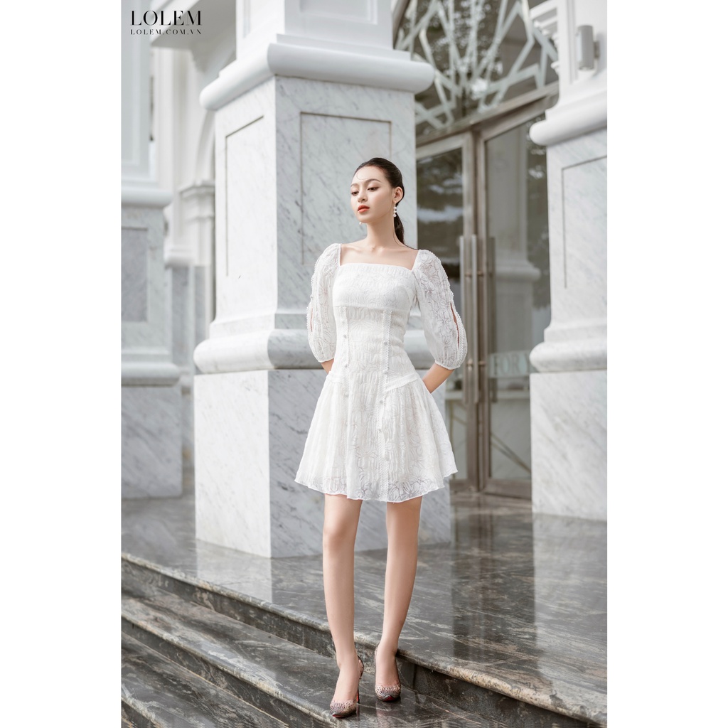 Đầm xòe cổ vuông LOLEM DX321 tay lỡ phối tơ ren vải thô họa tiết dập nhăn
