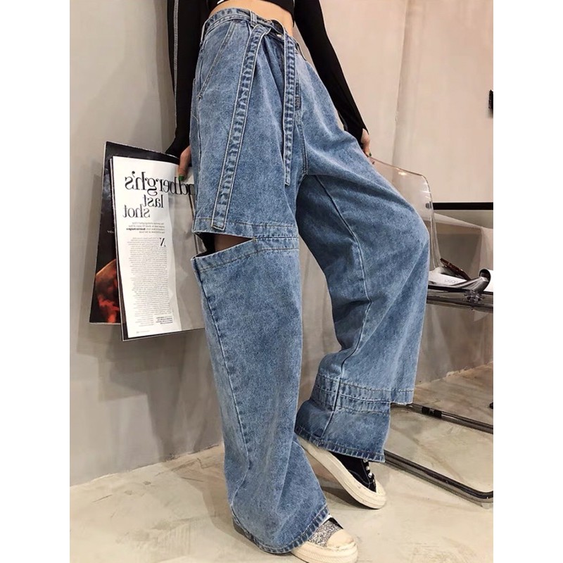 Quần baggy jean ống suông kèm dây nịt rách sườn | BigBuy360 - bigbuy360.vn