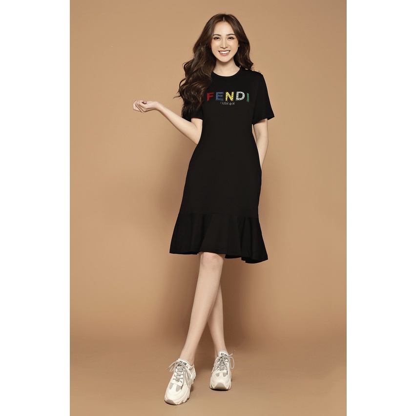 Đầm Thun Dáng Ôm Đuôi Cá Xinh Xắn Tay Ngắn Chữ Thêu Nhung Thương Hiệu Hàng Quảng Châu Cao Cấp