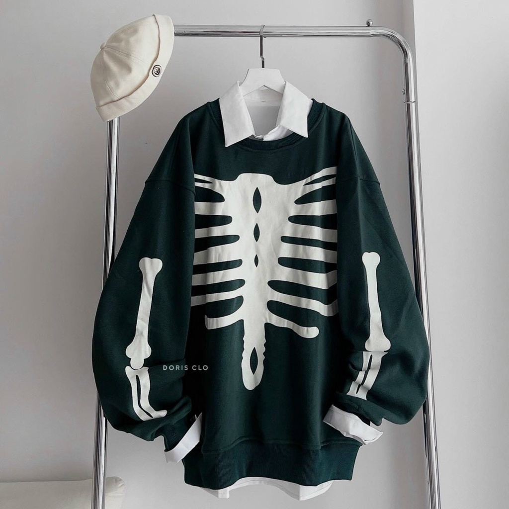 Áo khoác nỉ sweater in hình bộ xương chất nỉ bông mẫu không nón chất nỉ dày.