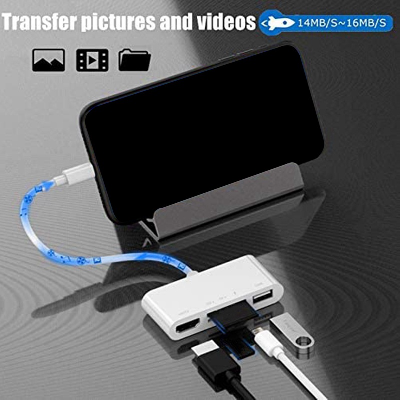 Đối với iPhone-iPad sang Bộ chuyển đổi HDMI , Hub 5 trong 1 với đầu đọc thẻ , Cổng sạc tương thích với thiết bị USB