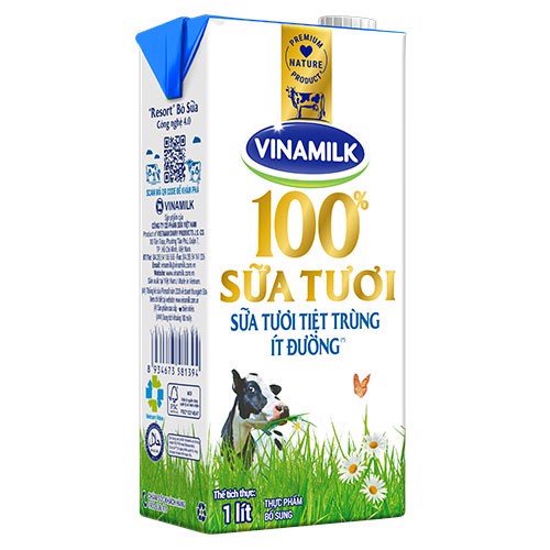 Sữa tươi ít đường Vinamilk 100% Sữa Tươi hộp 1 lít