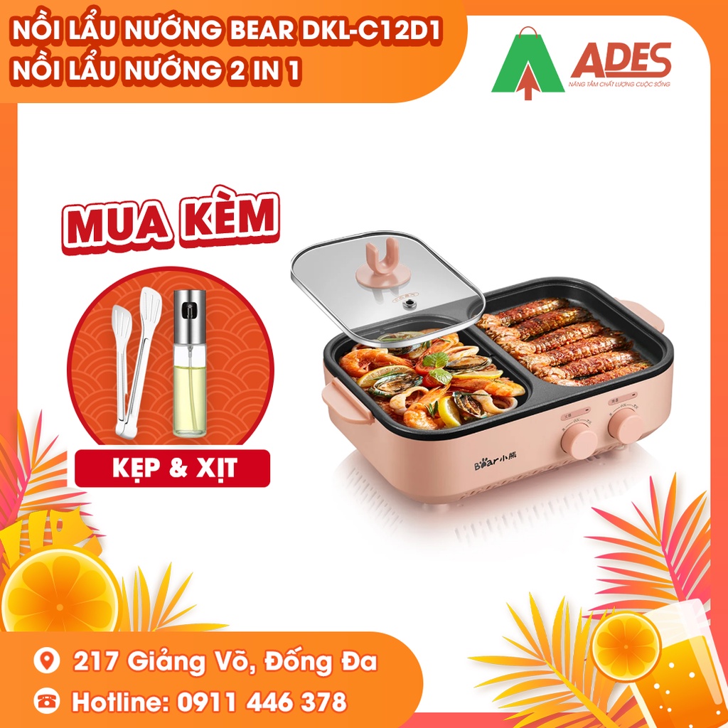 Nồi lẩu nướng Bear DKL-C12D1 - Bảo Hành Chính Hãng 1 Năm - Nồi Lẩu Nướng 2 in 1, Lẩu Đa Năng