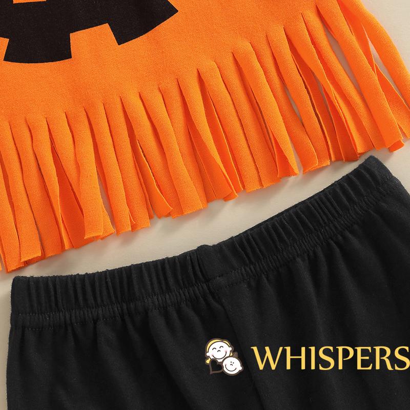 Set Đồ Halloween 2 Món Gồm Áo Thun Tay Cộc In Họa Tiết Bí Ngô + Quần Rách Tua Rua Cho Bé Gái 1-5 Tuổi