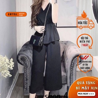 Set đồ nữ sang chảnh eo bo thun AMYRA quần ống rộng mặc thoải mái - SE004