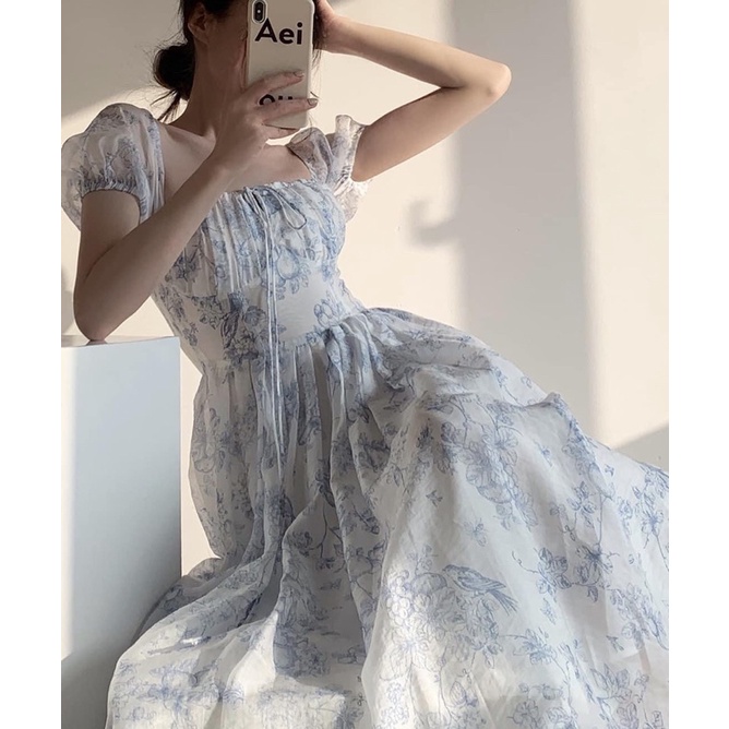 Đầm hoa maxi Hepburn kiểu Pháp trà chiều ngọt ngào dáng xoè cổ vuông tay bo thắt nơ