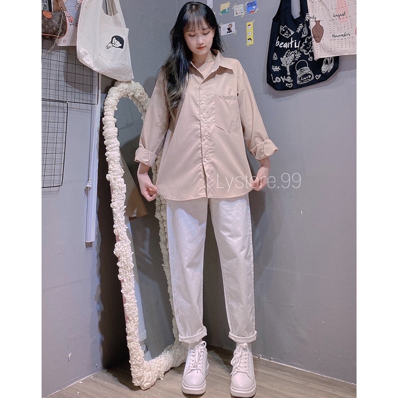 [Mã FAMARAL1 giảm 10K đơn 50K] (Hình shop tự chụp) Áo sơmi nâu vạt bầu + quần baggy trắng | BigBuy360 - bigbuy360.vn