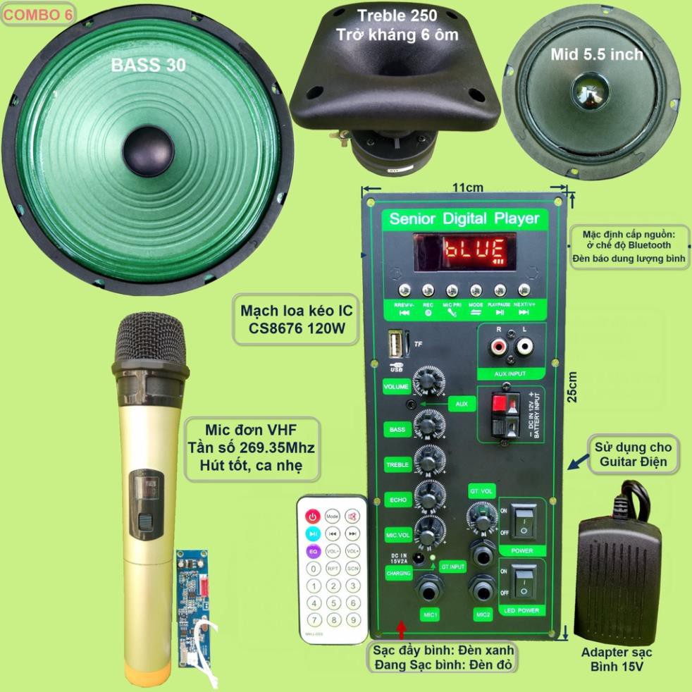 Mạch loa kéo 3 tấc đơn 3 đường tiếng CS8676 công suất 120W kèm Bass 3 tấc màng xanh