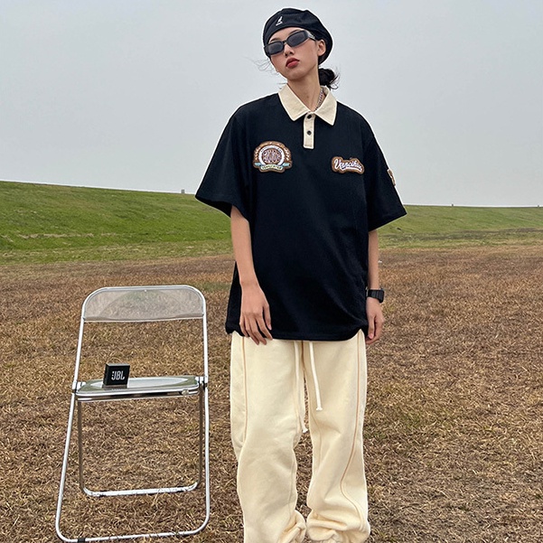 Áo polo Ngắn Tay Dáng Rộng Cổ Đứng Thêu Họa Tiết Đơn Giản Theo Phong Cách Retro Dành Cho Nữ