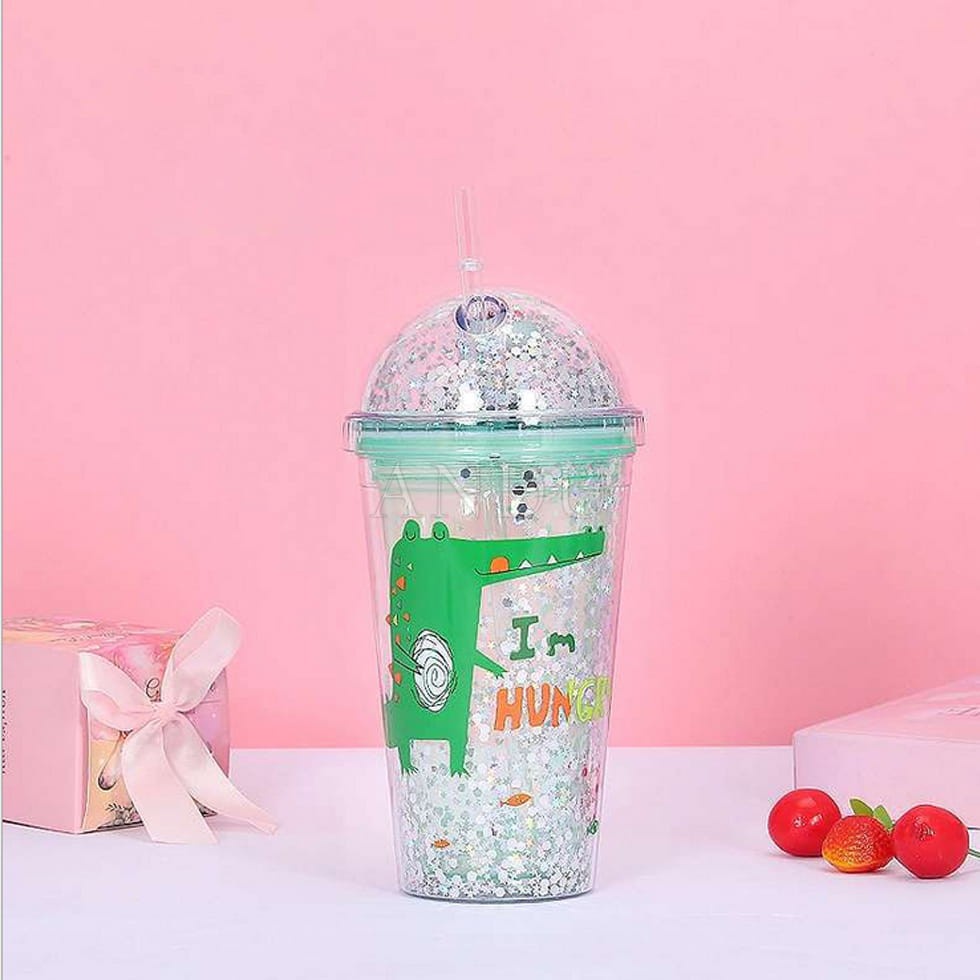 Ly Giữ Nhiệt Khủng Long 3D Kèm Ống Hút Kim Tuyến Nhiều Màu Sắc, Cốc Uống Nước Khủng long 3D 450ML