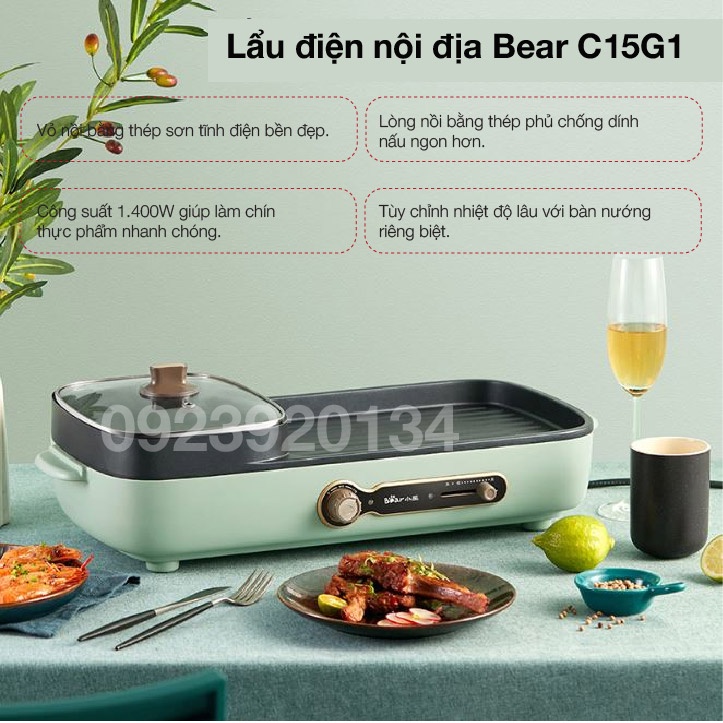 [Mã ELHADEV giảm 4% đơn 300K] LẨU 2 ngăn LẨU + NƯỚNG đa năng Bear C15G1 - Lỗi 1 đổi 1