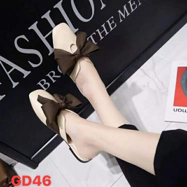 Giày nữ hở gót I Sục da lì mũi vuông nơ to cực bền đẹp Hàng Quảng Châu loại 1 xịn xò