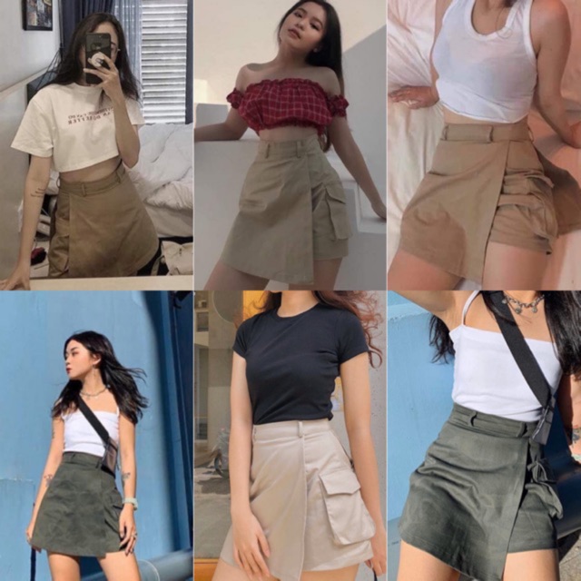 CHÂN VÁY PHỐI QUẦN KAKI STRAP SKIRT - CHÂN VÁY CÓ TÚI ( KÈM ẢNH THẬT TRẢI SÀN )