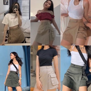 CHÂN VÁY PHỐI QUẦN KAKI STRAP SKIRT - CHÂN VÁY CÓ TÚI ( KÈM ẢNH THẬT TRẢI SÀN )