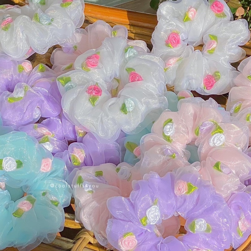 Đồ buộc tóc scrunchies thêu hoa hồng voan 2 lớp🌹