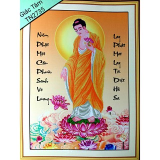 Tranh thêu PHẬT A DI ĐÀ - 58x79cm - TN2735 - NIỆM PHẬT LẠY PHẬT TỘI DIỆT PHƯỚC SANH CHỮ - tranh thêu chữ thập đã thêu