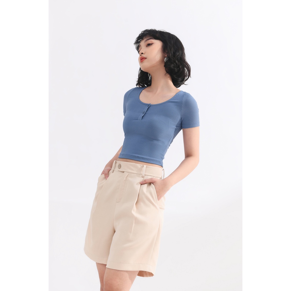 Áo Croptop cổ U Khuy Ngực MOMOCO vải cotton tăm nhỡ co giãn 4 chiều M2958