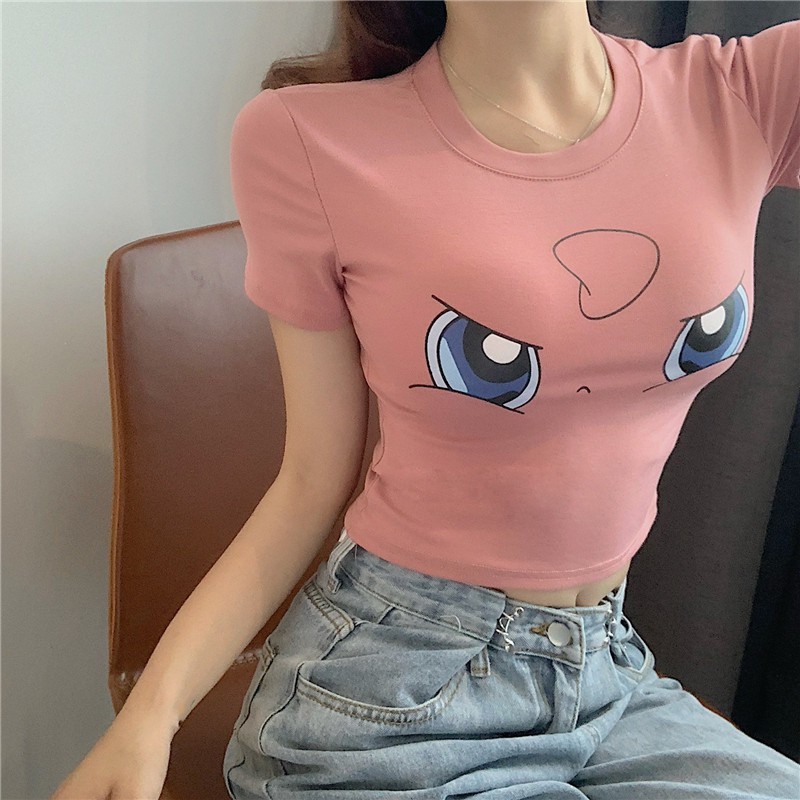 Áo thun croptop tay ngắn in hình Pikachu dễ thương