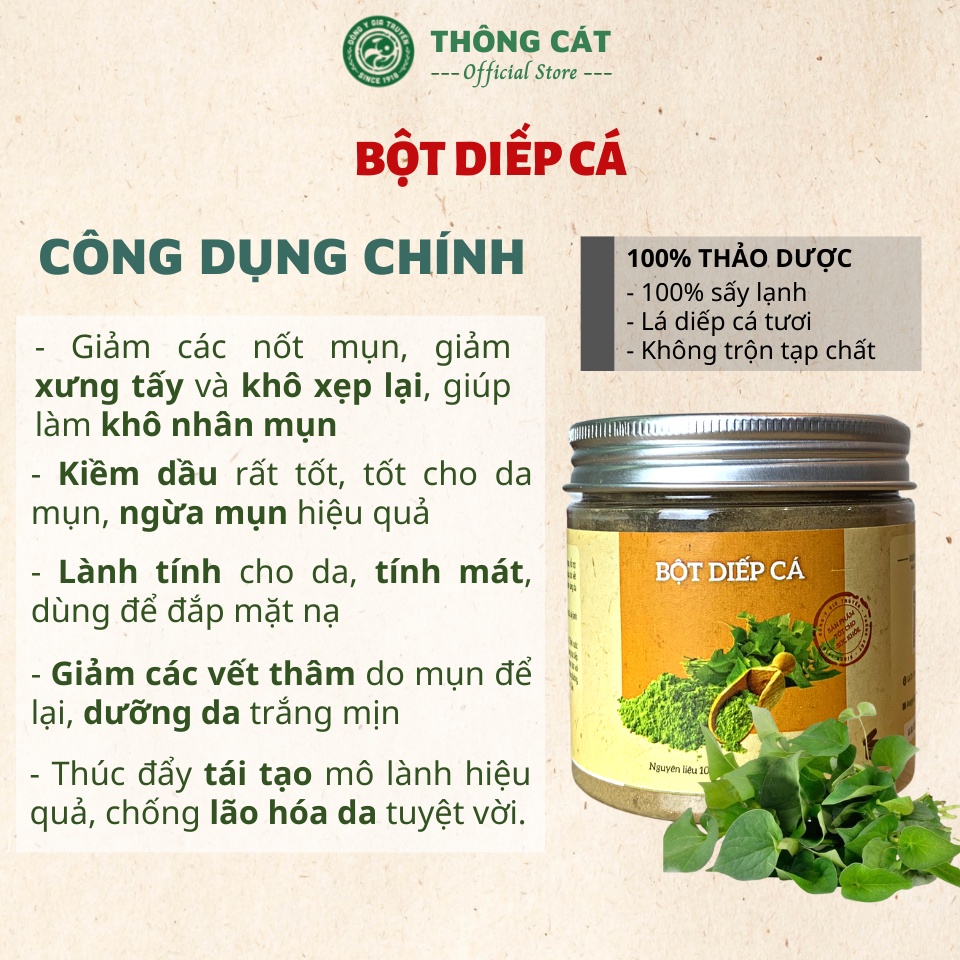 Bột Diếp Cá sấy lạnh THÔNG CÁT HCM 100% Organic , mặt nạ diếp cá giảm mụn, trắng da, mờ thâm sạm