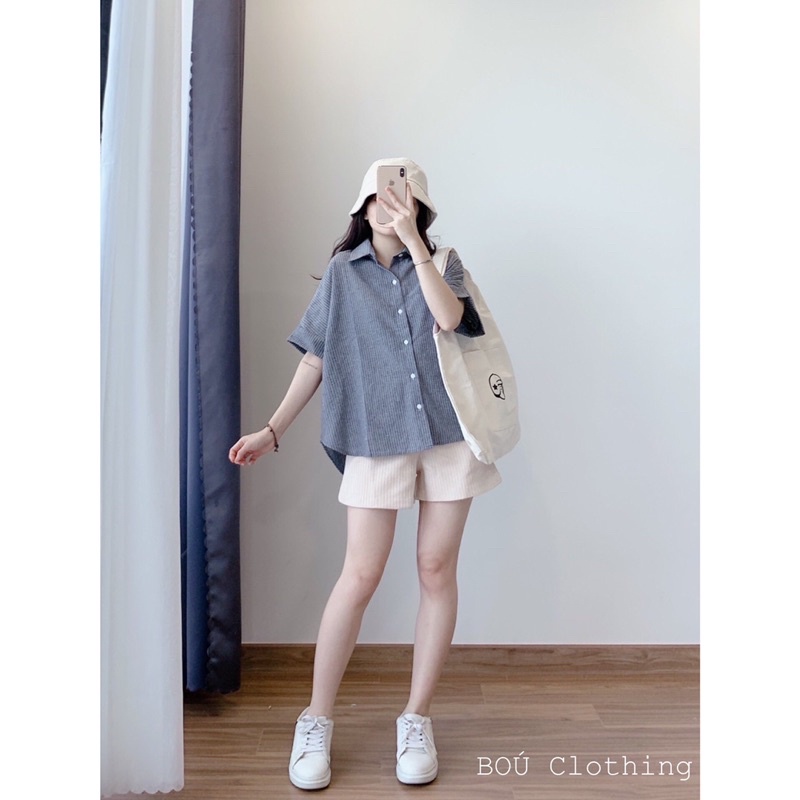 Áo sơ mi nữ sọc ngắn tay phối khuy lưng (Ảnh thật)