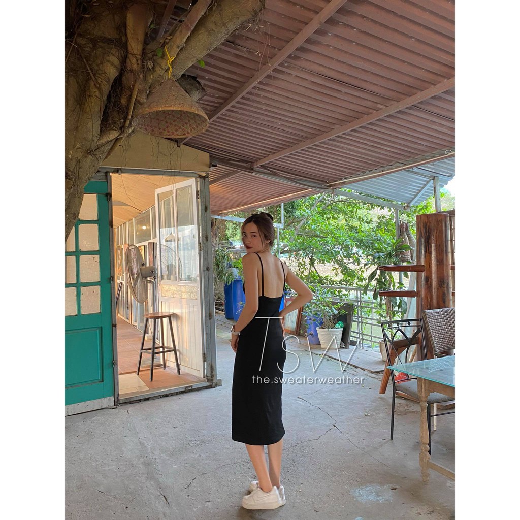 Váy hai dây thun khoét lưng maxi đen (Tặng kèm dán ngực) | BigBuy360 - bigbuy360.vn