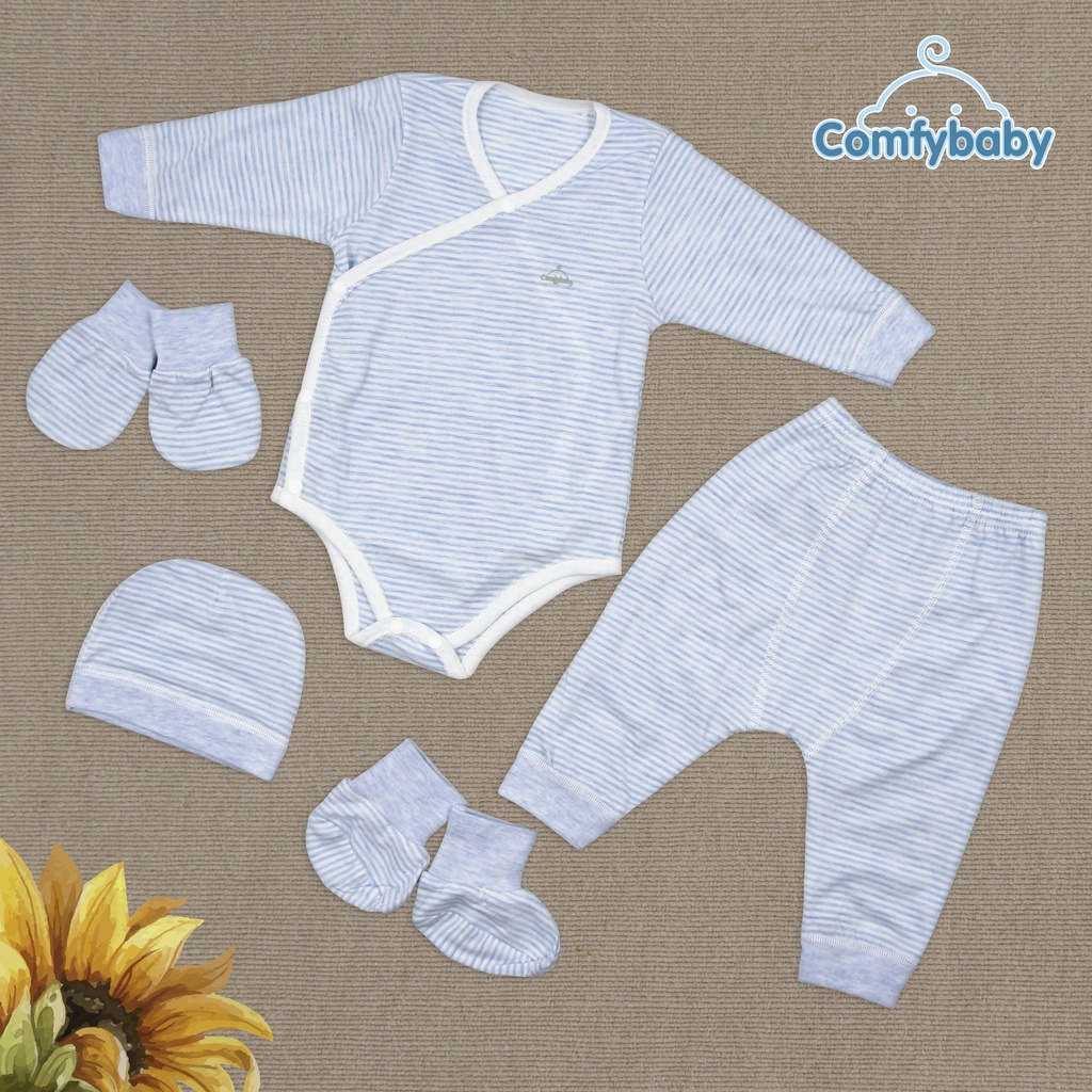 Set Bodysuit sơ sinh 5 món ComfyBaby (quần áo dài, bao tay chân, mũ) kẻ sọc màu xanh - 100% Cotton- chính hãng