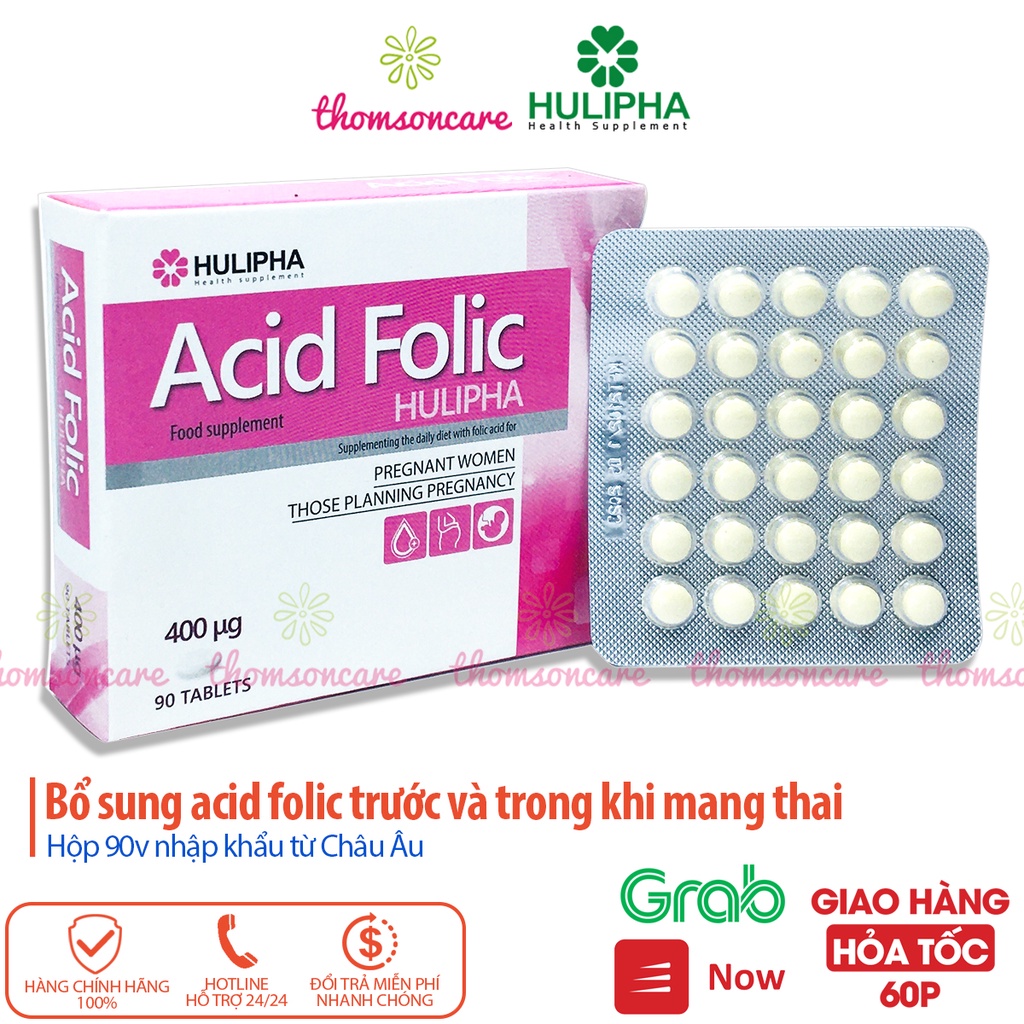 Bổ sung Acid Folic cho mẹ bầu và phụ nữ chuẩn bị mang thai Hộp 90 viên, nhập khẩu từ Châu Âu Acid-folic Hulipha