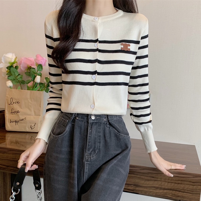 Áo cardigan dệt kim SUXI tay dài dáng rộng cổ tròn họa tiết kẻ sọc phong cách vintage Hàn Quốc