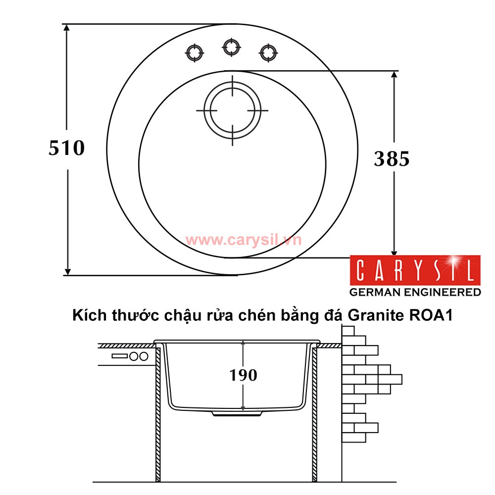 Chậu rửa chén CARYSIL ROA1 , công nghệ Đức, bảo hành 05 năm