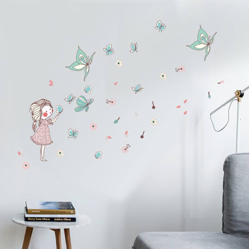 Phim hoạt hình bé gái bướm bay bay sáng tạo sơn tường phòng trẻ mẫu giáo mẹ và dán tường sê-ri