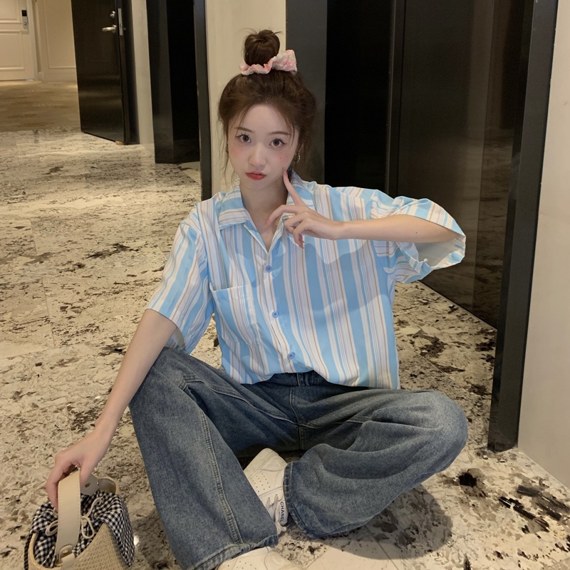 Áo sơ mi SUXI ngắn tay form rộng họa tiết sọc phong cách cổ điển dành cho nữ