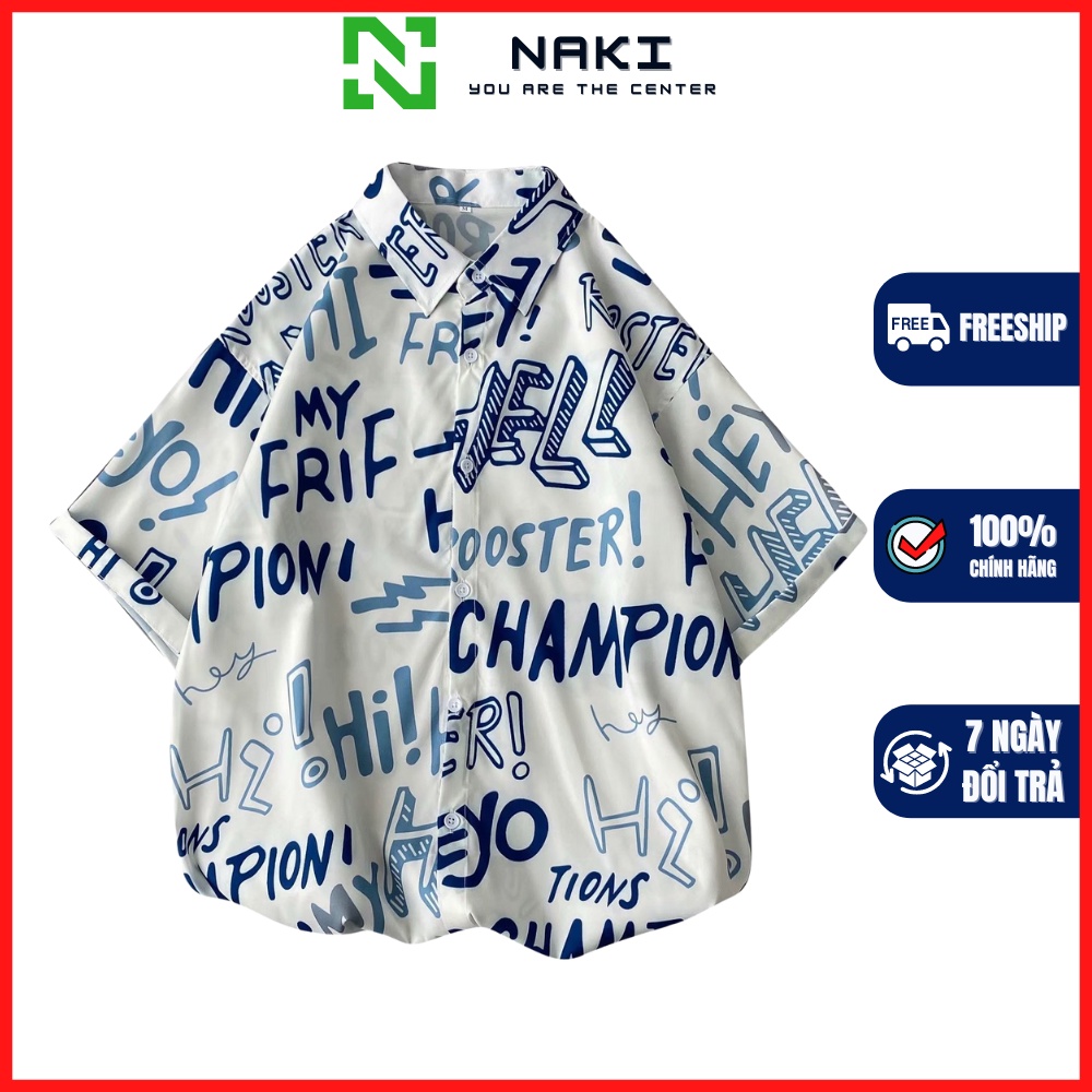 Áo sơ mi nam tay ngắn màu TRẮNG họa tiết chữ xanh , phong cách riêng , phá cách , Bad boy
