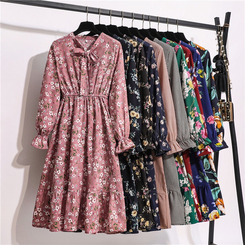 Đầm Hoa Tay Dài Cổ Thắt Nơ Plus Size