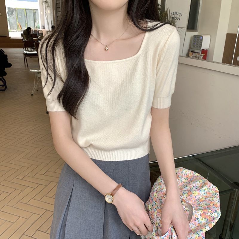 Áo Dệt Kim Ngắn Tay Cổ Vuông Màu Trơn Đa Năng Phong Cách Hàn Quốc Thời Trang Xuân Hè