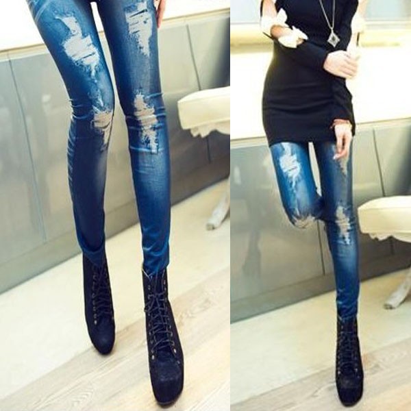 Quần legging nữ co giãn thiết kế giả jean rách độc đáo cá tính