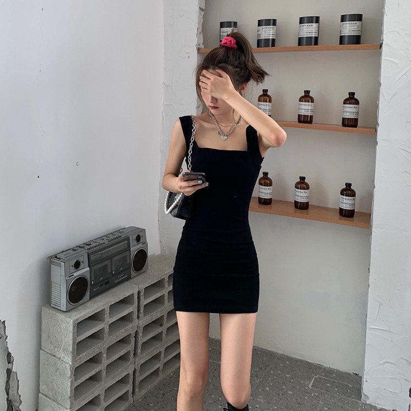 SUXI Đầm Mini Hai Dây Cổ Vuông Màu Đen Trơn Quyến Rũ Thời Trang Mùa Hè Cho Nữ