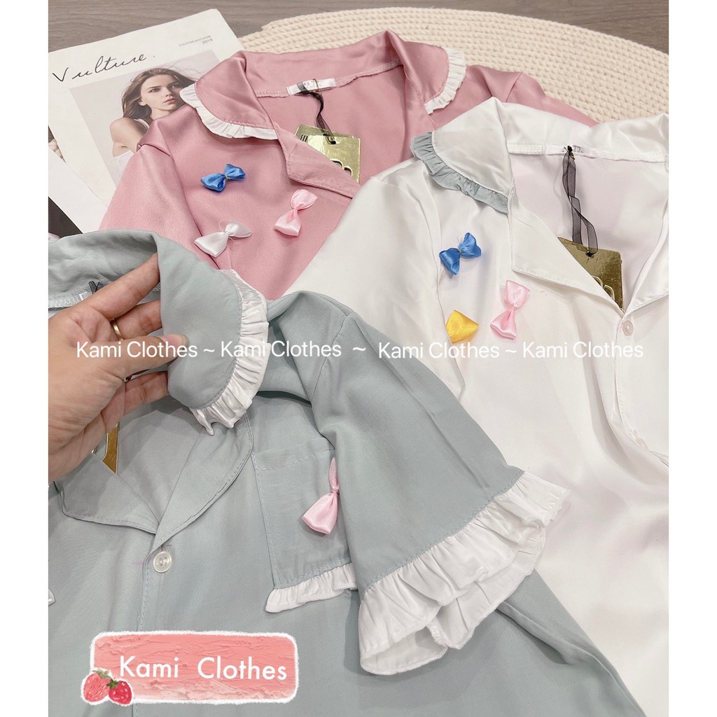 Set áo babydoll lụa nơ viền bèo và quần đùi tiểu thư bánh bèo Ulzzang, bộ ngủ nữ lụa cao cấp - KAMI Clothes | BigBuy360 - bigbuy360.vn