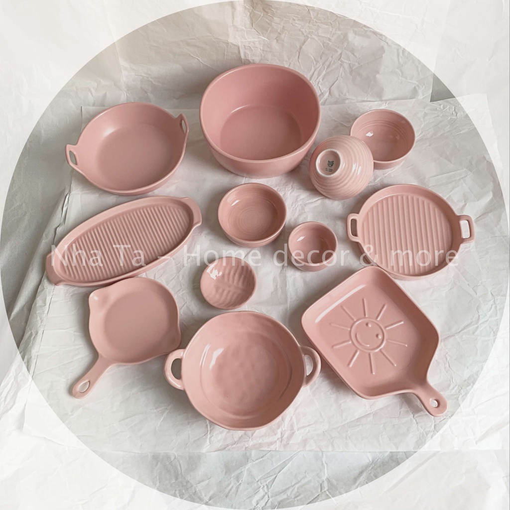 Bộ bát đĩa dễ thương, chén ăn cơm màu hồng