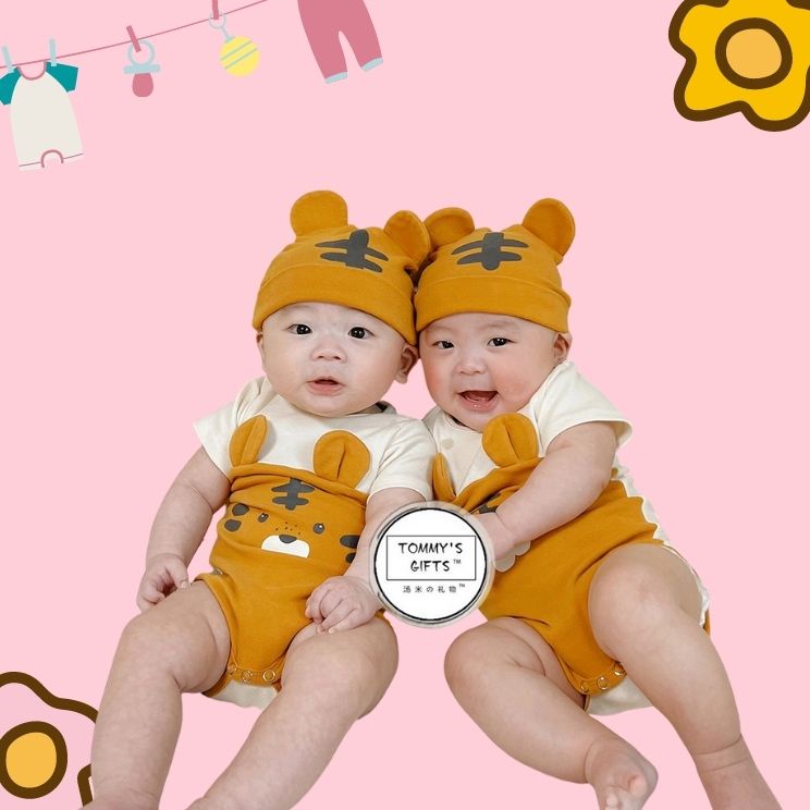 Combo 2 bộ body suit tay cộc hình trâu và hổ ngộ nghĩnh cho bé chất 100% cotton size 3-12kg TE20