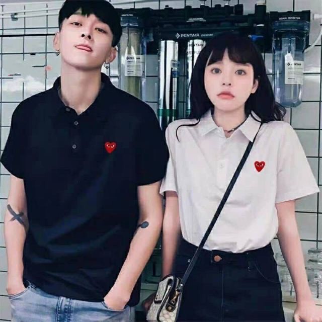 Áo polo cổ bẻ thêu tim đỏ xinh