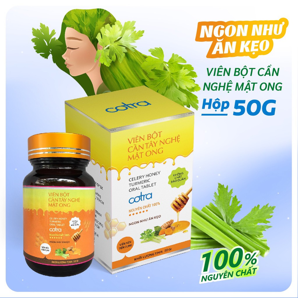 [ HOT] Viên bột cần tây nghệ mật ong nguyên chất Cotra, kháng mỡ, hỗ trợ làm đẹp da, ngăn ngừa lão hóa ( Hộp 50gram)