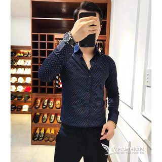 Sơ mi hoạ tiết xanh đậm lịch lãm