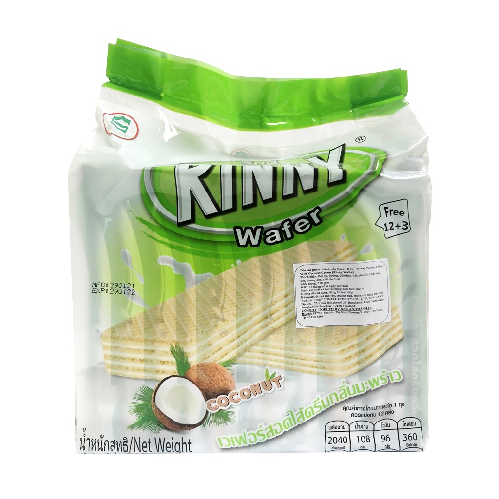 Bánh xốp kem dừa Rinny Wafer 12 gói . tặng kèm 3 gói . bánh xốp Thái Lan Rinny Wafer Coconut