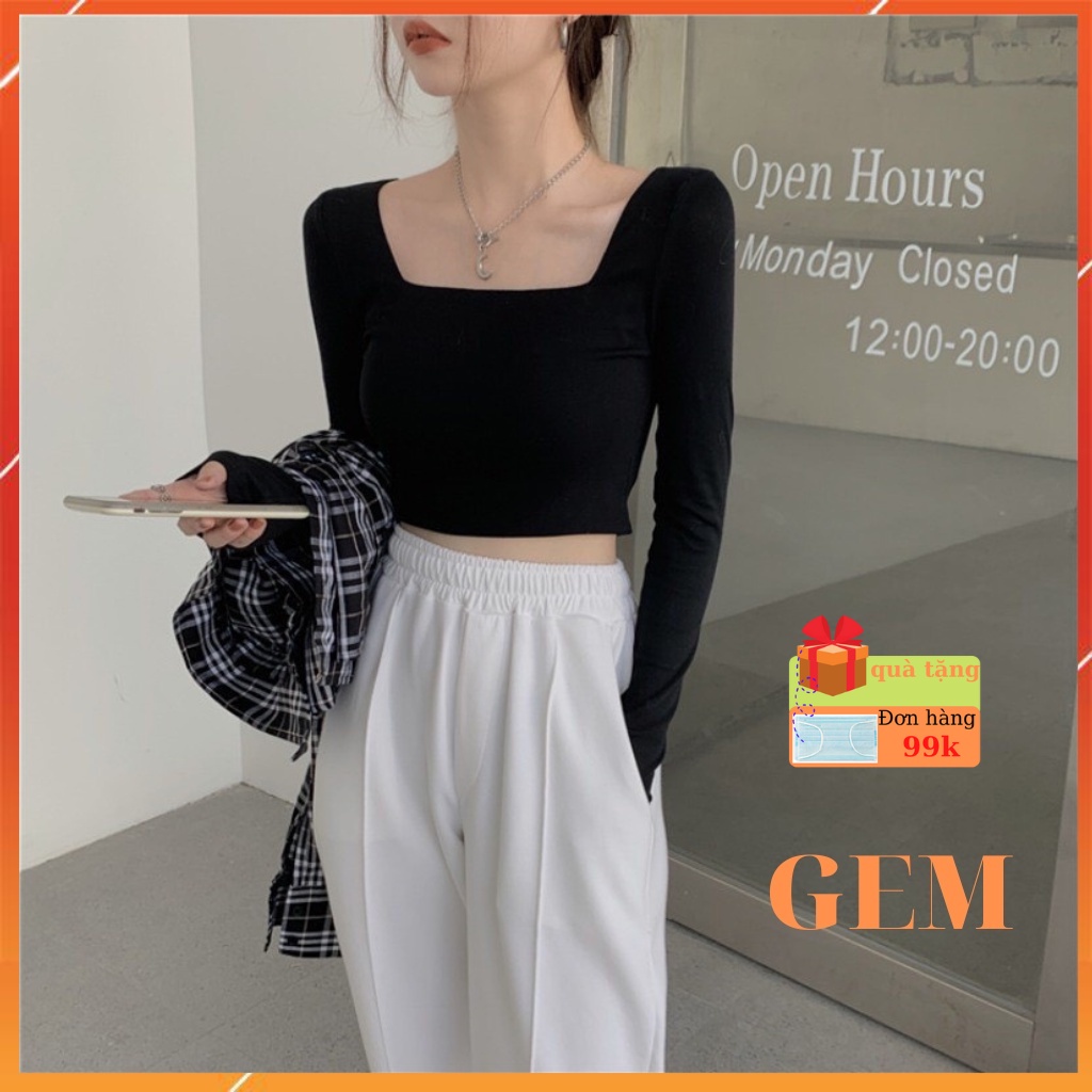 Áo Croptop cổ vuông tay dài ôm body phong cách Hàn Quốc - Áo nữ tay dài vải thun dáng ôm xinh xắn Gem94