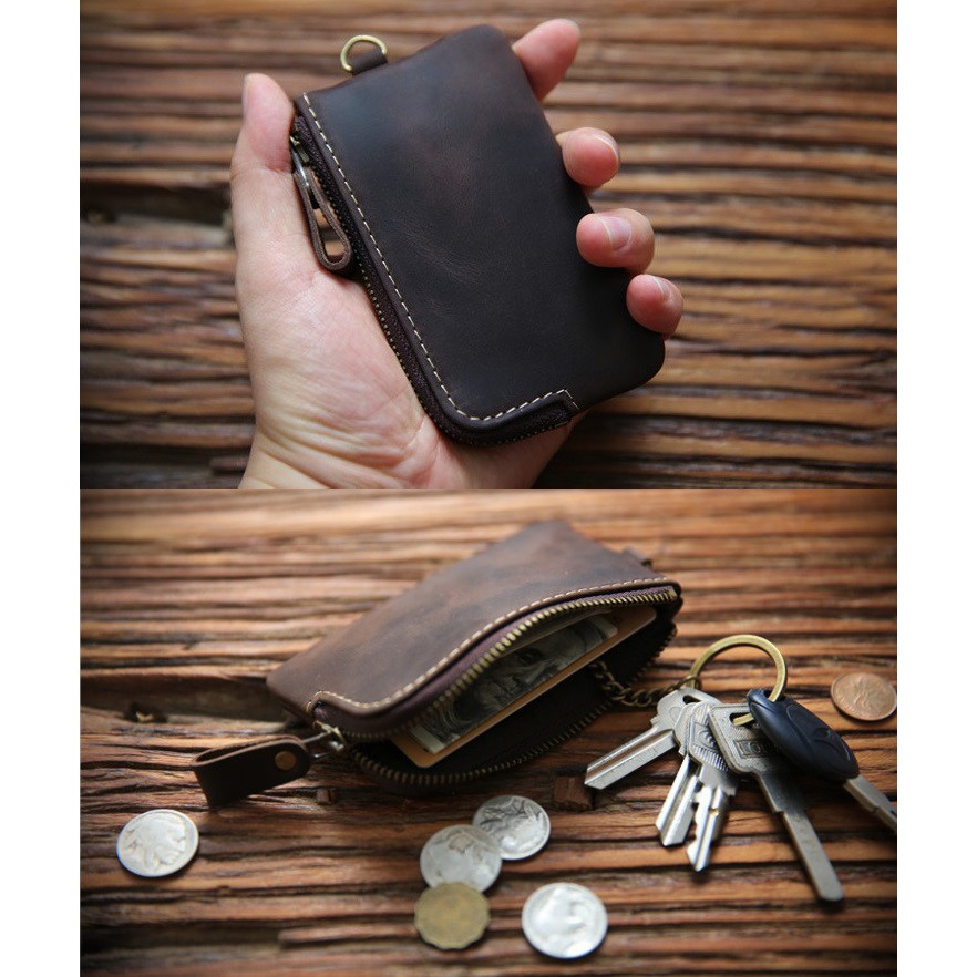 100% Genuine Leather Key Case Multifunctional Men Key Wallet Zip Coin Purses