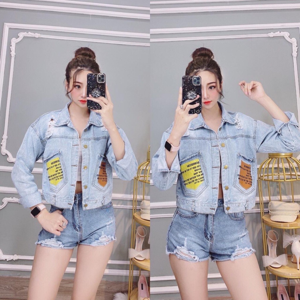 Áo Khoát Nữ Jeans Cao Cấp Nữ Túi Phối Da Thêu Chữ cực Thời Trang Siêu Hot | BigBuy360 - bigbuy360.vn