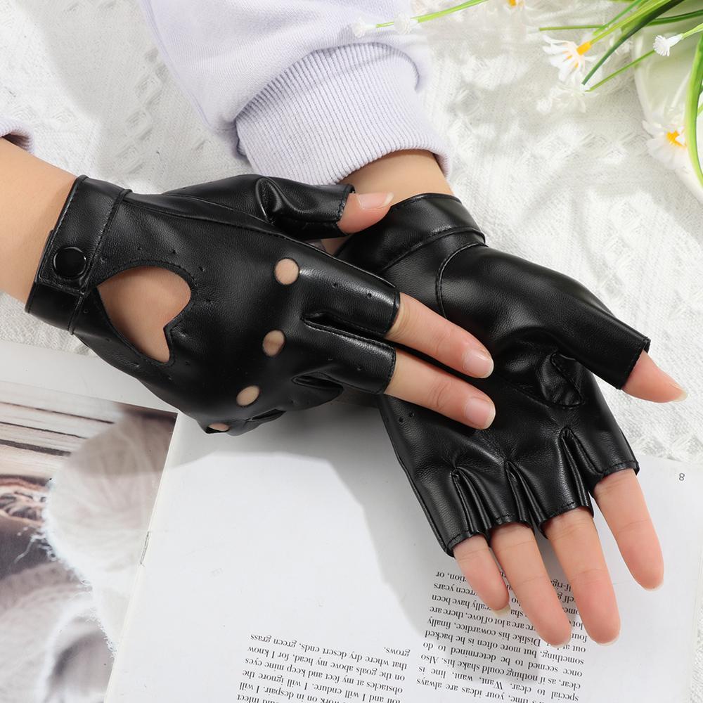 ORIENTLII Găng Tay Da Hình Trái Tim Màu Đen Phụ Kiện Cho Vũ Công